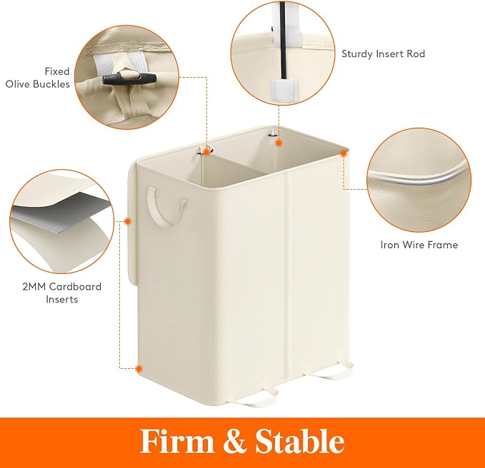 Lifewit Double Laundry Hamper with Lid and Removable Laundry Bags, Large Collapsible 2 Dividers Dirty Clothes Basket with Handles for Bedroom Laundry Room Closet Bathroom College, 155L Ivory White - Image 2
