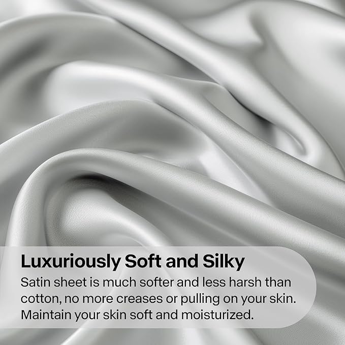 BEDELITE Satin Sheets Twin XL Size Bed Set, Luxury Soft Grey Silky Sheets for Hair and Skin, Similar to Silk Bed Sheets Set 3 Pieces with 1 Deep Pocket Fitted Sheet, 1 Flat Sheet, and 1 Pillowcase