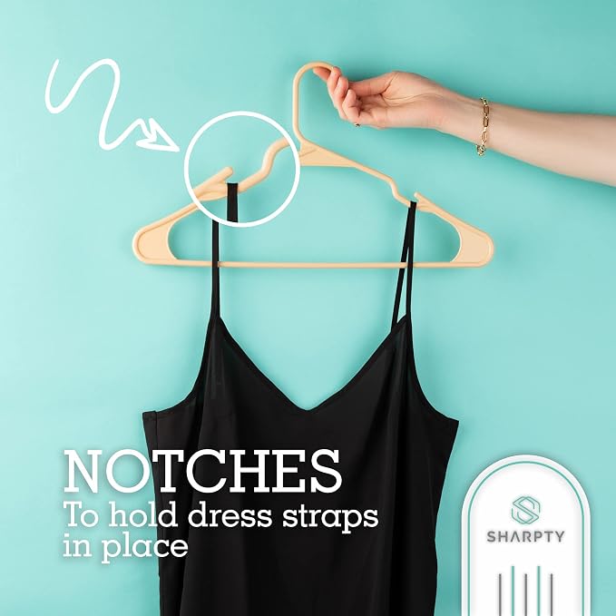 Sharpty Plastic Hangers Clothes Hangers for Clothing, Closet, Coats & Shirts - Notched, Durabl & Space Saving - for Everyday Standard Use, Room Essentials & Basics - 50 Pack - Beige - Image 3