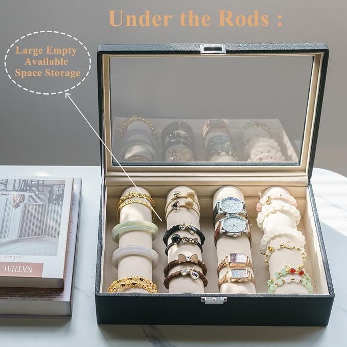 Bracelets Organizer Rods Bangles Display Holder, Clear See through Lid Leather Velvet Jewelry Storage Box Case for Women, 4 Rods Black Leather - Image 6