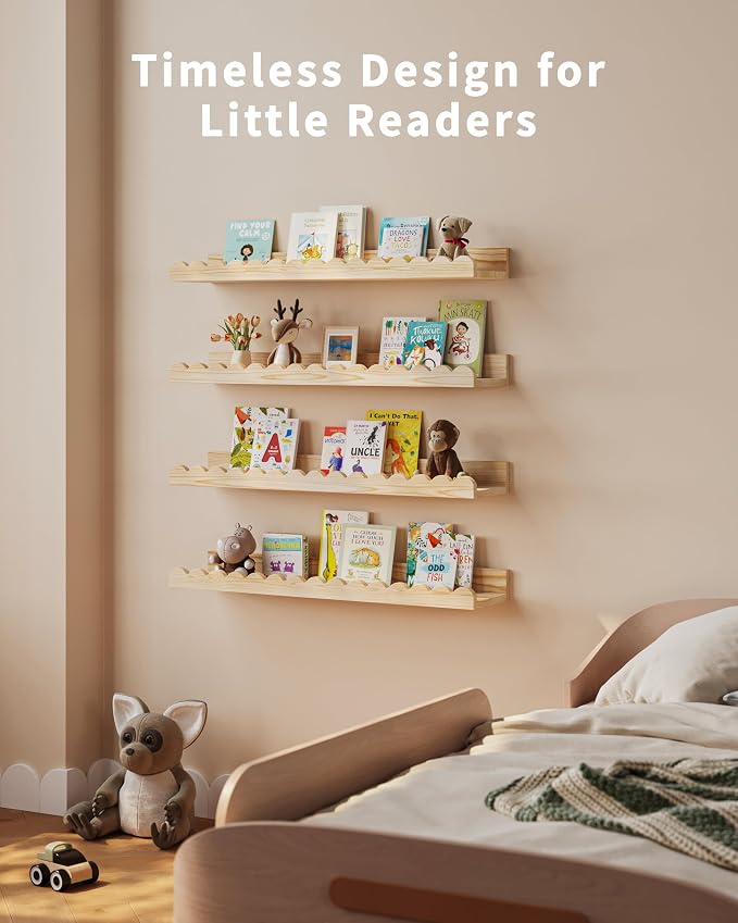 Shario Nursery Book Shelves, 4-Pack Wood Floating Shelves for Wall Kids, Scalloped Shelves, Wall Book Shelves for Bedroom Kids, Toddler Room, Baby Room, Nursery Decor (Wood, 23 Inches) - Image 6