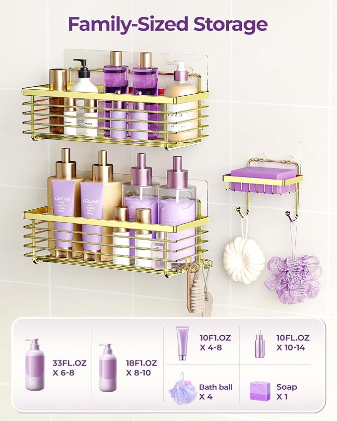 ODesign Shower Caddy 3 Pack SUS304 Stainless Steel-No Drilling-Shower Bathroom Shelves Rack,Rustproof Wall Mounted,Adhesive Shower Shelf Basket Organizer-Golden - Image 5