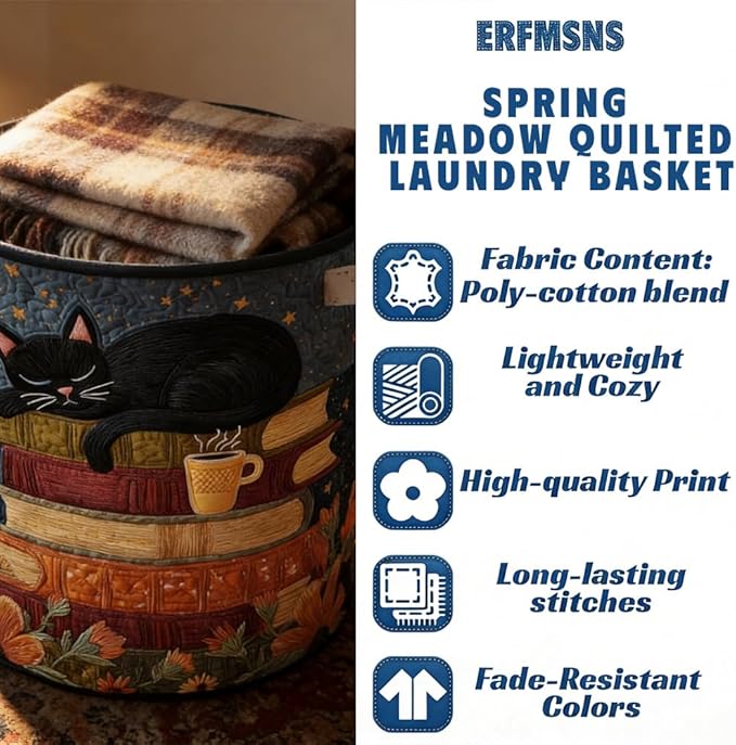 Cat Quilted Laundry Basket - 18"/22"/28", 2026 Large Quilted Cat Laundry Basket with Handles, Cozy Cat Fabric Storage Hamper for Nursery, Bedroom, Laundry Room, Clothes & Toys (8, S 14"X18") - Image 2