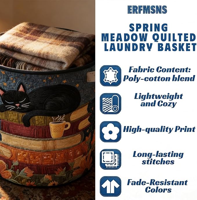 Cat Quilted Laundry Basket - 18"/22"/28", 2026 Large Quilted Cat Laundry Basket with Handles, Cozy Cat Fabric Storage Hamper for Nursery, Bedroom, Laundry Room, Clothes & Toys (8, M 16"X22") - Image 2