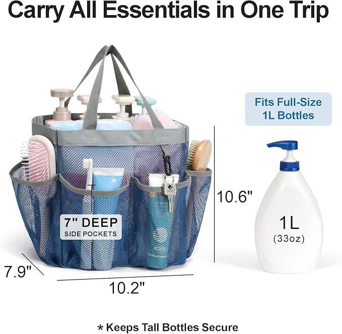F-color Mesh Shower Caddy Portable - Navy Blue, Upgrade Deeper 7 Pockets Shower Bag Basket Tote for College Dorm Room Toiletry Bathroom Essentials Gym Camp Quick Dry 2 handles with S Hook - Image 2