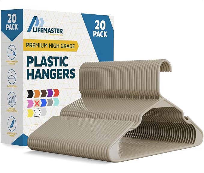 Lifemaster Plastic Clothes Hangers – Heavy Duty Hanger Set, for Organizing Clothes, Dresses, and Coat, Holds Up to 5 lbs, Space-Saving Hangers with Non-Slip Shoulder Grooves, Pack of 20, Ivory by LIFEMASTER
