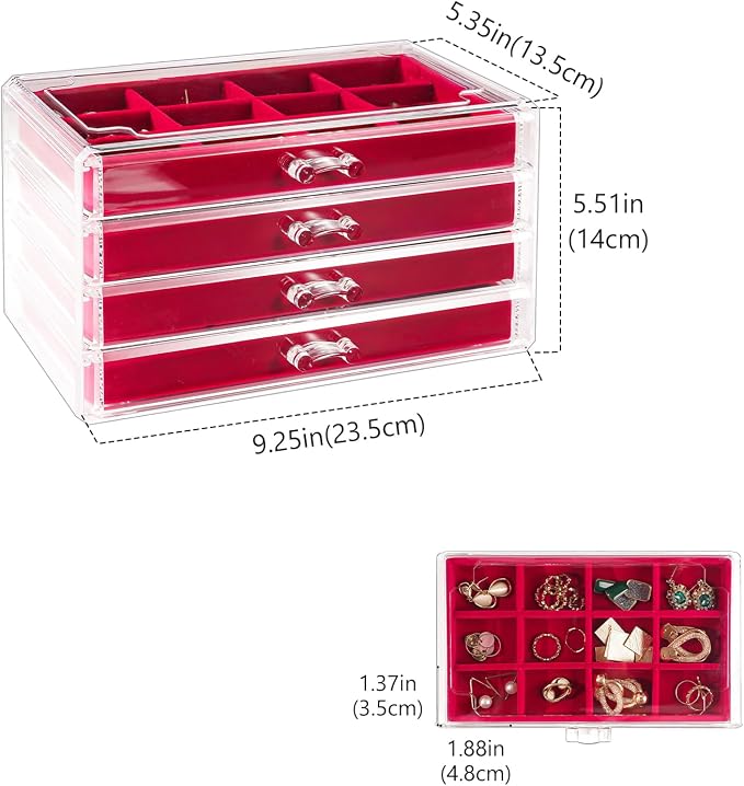 Lolalet Earring Holder Organizer Box Jewelry Storage with 4 Drawers, Clear Acrylic Stackable Earring Case with Adjustable Velvet Trays for Women on Dresser Vanity -Red, 4 Layers - Image 4