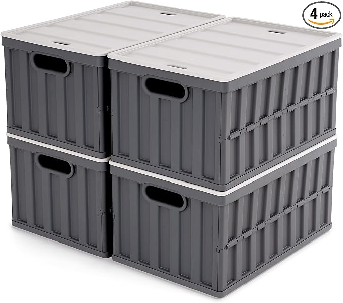 Citylife 64L Collapsible Storage Bins with Lids Plastic Storage Containers for Organizing Stackable Storage Box Large Heavy Duty Utility Crates, 4 Packs by CitylifeHomeOrganization