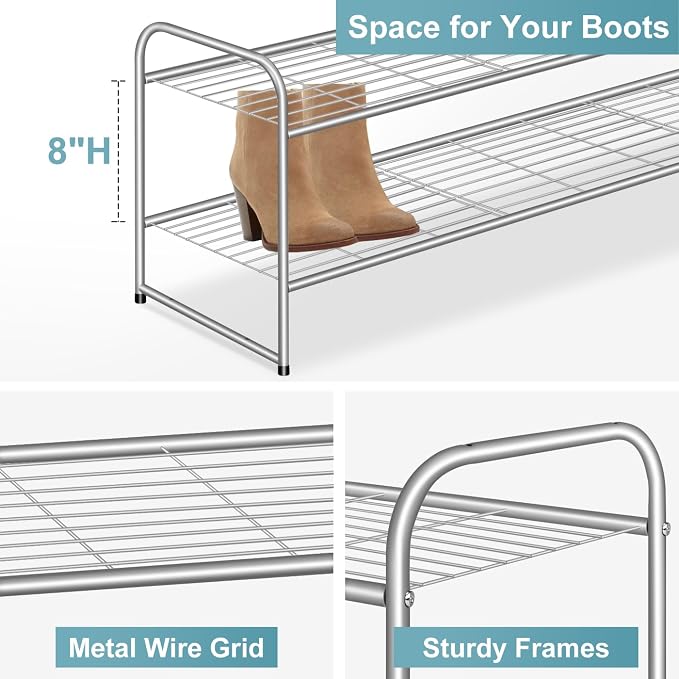AOODA 2 Tier Long Metal Shoe Rack for Closet Wide Stackable Shoe Storage Organizer 18-Pairs Low Small Sneaker Rack for Entryway, Bedroom, Garage, Grey - Image 6