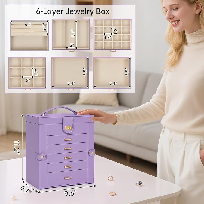 AKOZLIN 6-Tier Jewelry Box Organizer Functional 5 Drawers Leather Jewelry Storage Case for Women Girls Ring Necklace Earring Bracelet Holder Organizer with Mirror Violet - Image 5