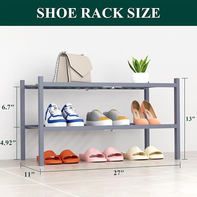 Smiry Shoe Rack, 2 Tier Thick Bamboo Shoe Organizer, Stackable Free Standing Wooden Shoe Storage Shelf for Closet, Entryway, Front Door Entrance, Grey - Image 2