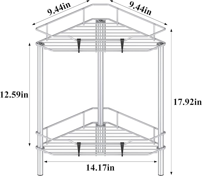 HuggieGems 2 Tier Floor Standing Corner Shower Caddy Organizer Shelf with Hooks, Bathroom Shelves Stand Rack, Silver - Image 4