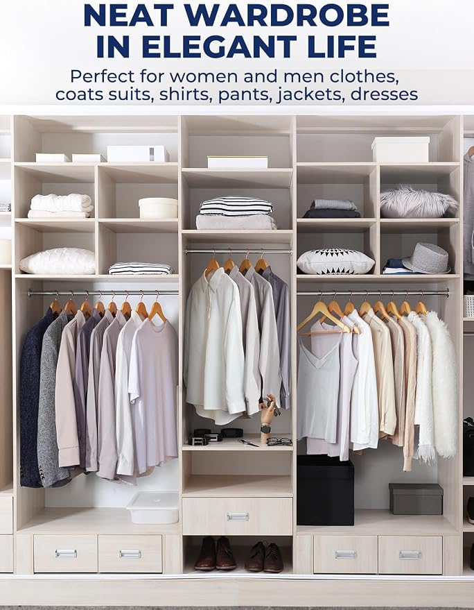 Smartor Wooden Hangers 10 Pack, Solid Wood Coat Hanger for Closet, Heavy Duty Wood Hangers for Suits, Shirts, Dresses, with 360° Rose Gold Hook, Non Slip Pant Bar, Natural - Image 8