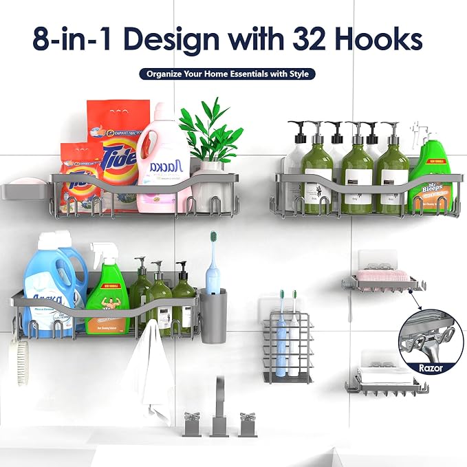 NESOMI Shower Caddy Adhesive Shower Organizer 8-Pack, Rustproof Stainless Steel Bathroom Shelves, Large Capacity No-Drill Rack Storage Accessories with Soap Dish Toothbrush Holder Hooks - Image 7