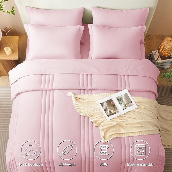 CozyLux King Comforter Set - 7 Pieces Bed in a Bag Pink Comforter Set with Sheets Luxury Bed Set All Seasons, Soft Bedding Set with Down Alternative Comforter, Sheets, Pillowcases & Shams