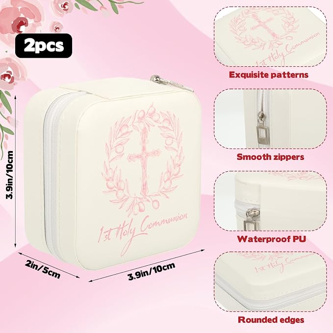 2 Pcs First Communion Travel Jewelry Box, Small Zippered Jewelry Case with Soft Lining, White Square Keepsake Box for Rings Earrings Necklaces, Religious Keepsake Gift for Baptism or Wedding(2, White) - Image 2