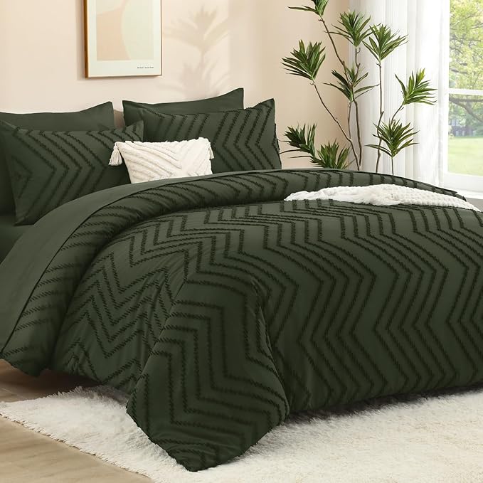 Litanika Comforters Queen Size Set with Sheets Dark Olive Green - 7 Pieces Bed in a Bag Queen Chevron Tufted Complete Bedding Sets with Comforter, Sheets, Pillowcases & Shams
