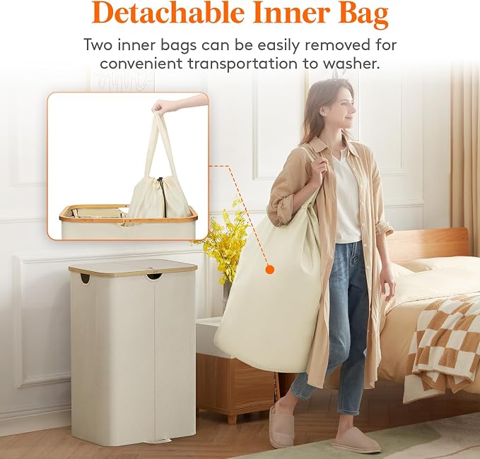 Lifewit 170L Double Laundry Hamper with Lid, Large Laundry Basket with Removable Bag & Bamboo Handles, Fodable Tall Dirty Clothes Hamper for Laundry Collapsible Bin for Bathroom Bedroom Dorm, Beige - Image 4