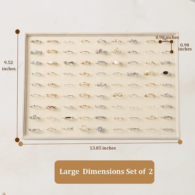 Large Velvet Jewelry Tray 2 Pack Stackable Jewelry Display Drawer Inserts Trays Organizer for Earring Bracelet Necklace Ring (Beige, Ring 81 Slots) - Image 3