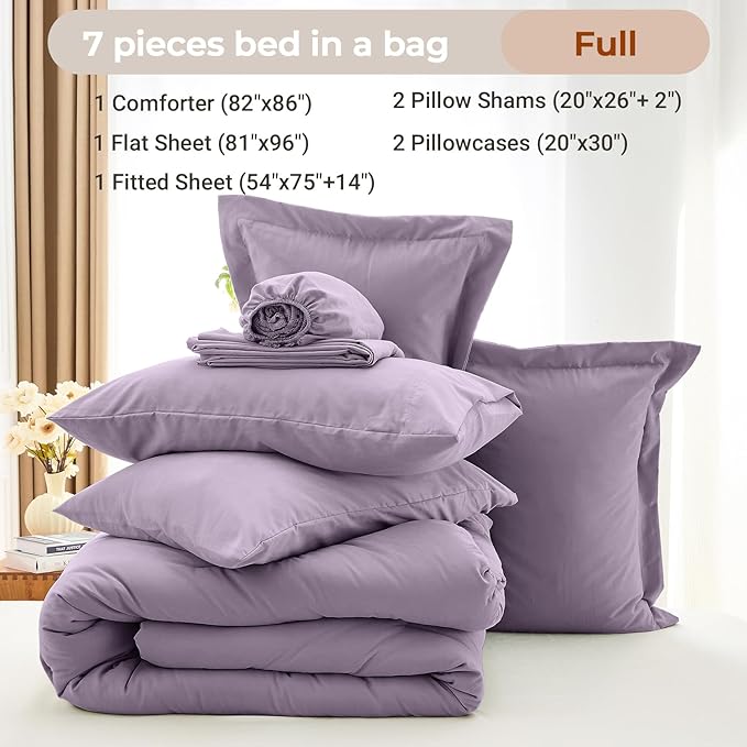 MUXHOMO 7 Pieces Full Comforter Set, Soft Bed in a Bag Full Size, All Season Bedding Set with Comforter, Flat Sheet, Fitted Sheet, Pillowcases & Shams, Greyish Purple