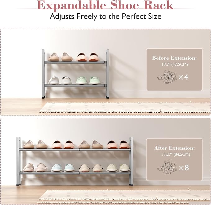 Bumusty 2 Tier Expandable Shoe Rack for Closet, 18“-33” Adjustable Shoe Rack for Small Space, Small Shoe Organizer for Front Door, Sturdy Metal, Light Grey - Image 4