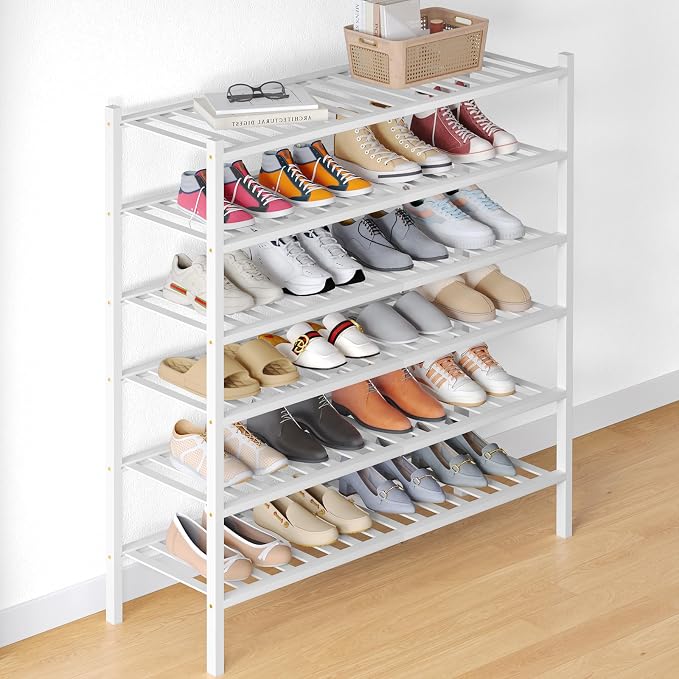 Smiry Bamboo Shoe Rack for Closet, 6 Tier Long Wooden Stackable Shoe Organizer, Free Standing Shoes Storage Shelf for Entryway, Front Door Entrance, White by Smiry