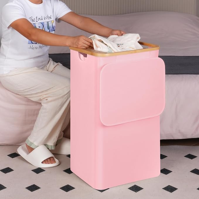 efluky 26 Gal Laundry Basket with Lid and Net Bag, Tall Laundry Hamper with Bamboo Handles, Aesthetic Dirty Clothes Bin for Laundry Room, Bathroom, Bedroom and Dorm, Pastel‌ - Image 6