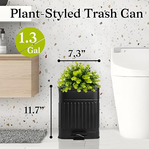 Tegneo Small Trash Can with Lid, Plant-Styled Outdoor Dog Poop Trash Can Outside, Farmhouse Retro Metal Garbage Can for Bathroom Office, Dog Waste Container with Pedal, Soft Close, 5L/1.3 Gal, Black - Image 3
