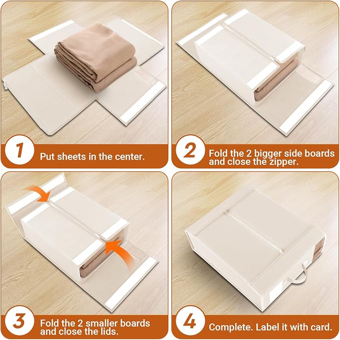StorageTastic 4 Pack Bed Sheet Closet Organizers and Storage,Sturdy Foldable Storage Containers with Window and Label,Storage and Organization for Bedding Sheets,Duvet Covers,Blankets (Beige) - Image 4