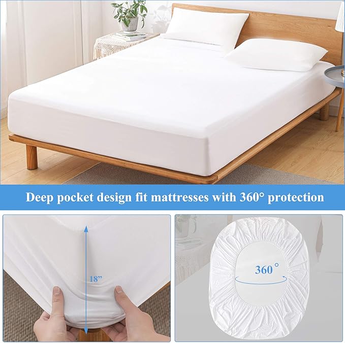 Full Size Waterproof Mattress Protector - Noiseless, Breathable, Machine Washable Fitted Mattress Cover with Deep Pocket up to 5”-21”（White）