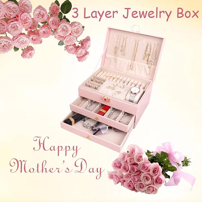 3 Layer Jewelry Box for girls, Lockable Jewelry Organizer for Necklace Earring Ring Bracelet Watch, PU Leather Storage, Pink - Image 2