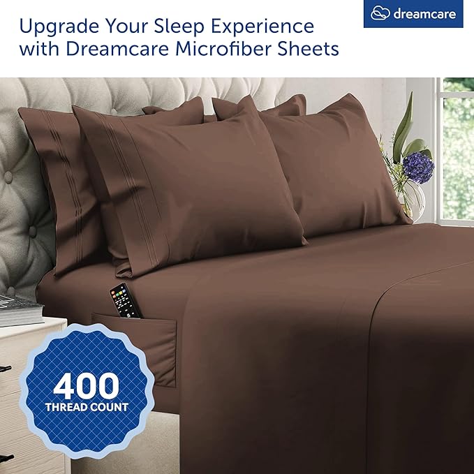 DREAMCARE Queen Sheet Set - 6 pcs Breathable Cooling Bed Sheets - up to 21" Extra Deep Pocket Queen Sheets Set with Side Pockets -Extra Soft 100% Brushed Hypoallergenic Hotel Luxury Bedding MochaBrown