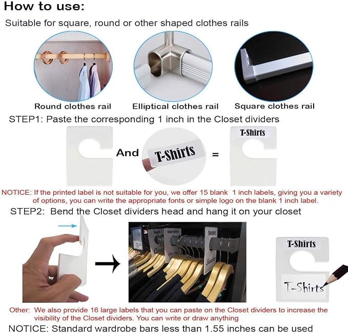 16 Pack White Clothing Rack Size Dividers Plus 60 Labels (1 Inch) and 16 Large Blank Labels, Large Rectangular Clothing Closet Dividers (Pearl White) - Image 7