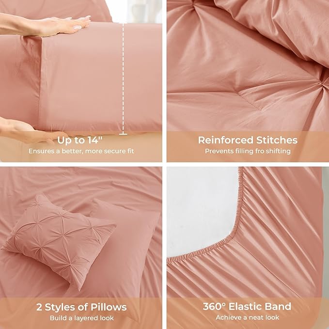 Sasttie Queen Comforter Set, 7-Piece Bed in a Bag, Pintuck Bedding Sets for All Season, Includes Comforter, Flat Sheet, Fitted Sheet, Pillowcases and Pillowshams, Blush