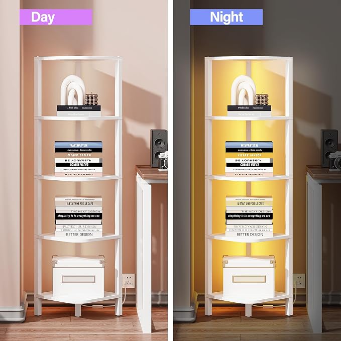 TUTOTAK Corner Shelf with LED Light, 5-Tier Corner Bookshelf for Small Space, Narrow Display Corner Shelf Stand with Storage Rack, for Living Room, Bedroom, White BS08BW005L - Image 4