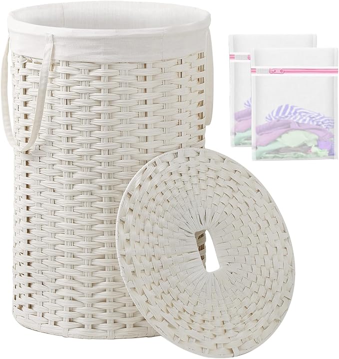 SETVSON Large Laundry Hamper Laundry Basket Round 34.3 Gal (130 L) Handwoven Wicker Laundry Baskets Rattan Laundry Basket with Laundry Bag Handles 2 Mesh Bags for Living Room Bedroom White by SETVSON