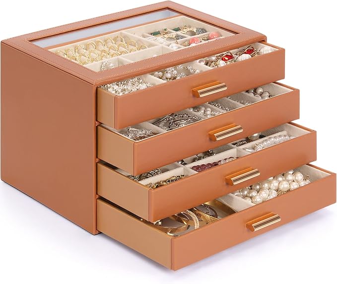AKOZLIN Jewelry Box with Clear Lid Functional Leather Jewelry Storage Organizer Case 4 Drawers for Women Girls Necklace Ring Bracelet Earring Orange - Image 8