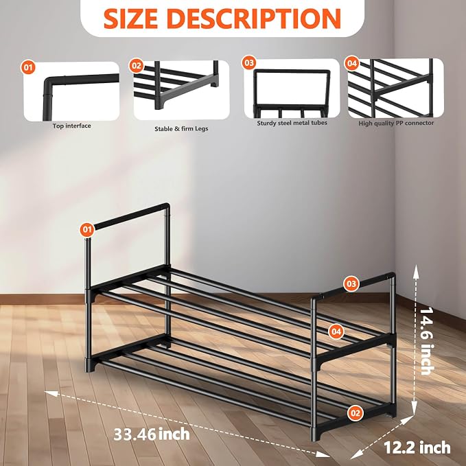 Hsscblet 2 Tier Metal Shoe Rack,Adjustable Shoe Shelf Storage Organizer,Stackable Boot & Shoe Storage,for Entryway,Hallway,Closet,Black - Image 2