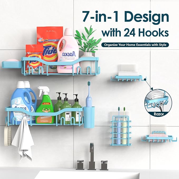 NESOMI Shower Caddy Adhesive Shower Organizer 7-Pack, Rustproof Stainless Steel Bathroom Shelves, Large Capacity No-Drill Rack Storage Accessories with Soap Dish Toothbrush Holder Hooks - Image 7
