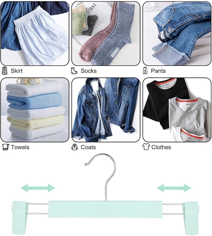 GUANJUNE Clothes Pants Hangers, Space-Saving Skirt Holders with 360 ° Swivel Hooks, Adjustable Clips, Trouser Hangers, Clothes Coat Garment Jeans Hangers (30 Pack, Green) - Image 4