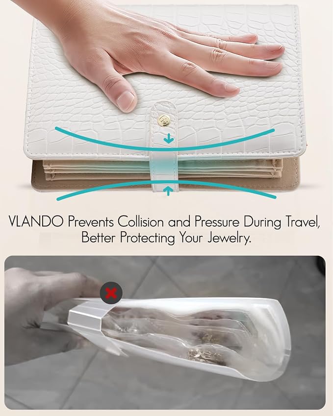VLANDO Travel Jewelry Case,Jewelry Organizers and Storage Jewelry Book Ring Binder with Clear Zipper Velvet Jewelry Pouches Bags for Rings,Necklace,Earrings-White - Image 4