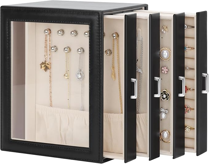 DesignSter Jewelry Box Organizer, Jewelry Box for Women, PU Jewelry Organizer Display Case with Side Drawers, Jewelry Storage for Earring Necklace Ring Bracelet Watch by DesignSter