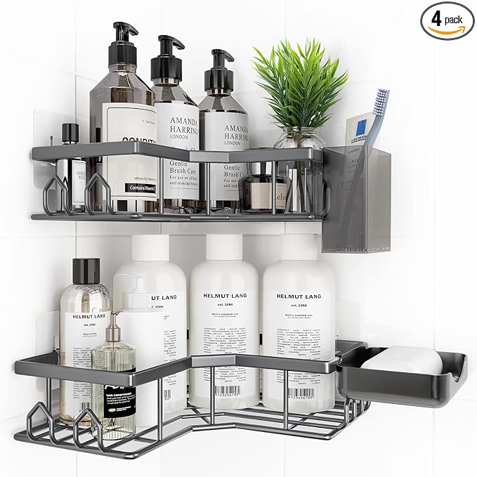 Adhesive Shower Caddy, 4 Pack Corner Bath Organizer, Rustproof Stainless Steel Shower Shelves with Large Capacity, No Drilling Shelves for Bathroom Storage, Home, Kitchen Decor (Dark Grey). by Unknown