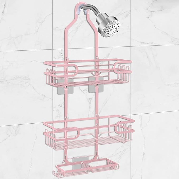 Shower Caddy Hanging, Over Head Shower Caddy Shower Storage Rack Basket with Hooks for Razor and Sponge Rustproof, No Drilling, Accessories for Bathroom and Kitchen, pink by Lawhood-Mijin