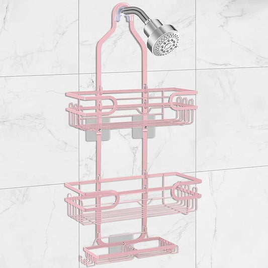 Shower Caddy Hanging, Over Head Shower Caddy Shower Storage Rack Basket with Hooks for Razor and Sponge Rustproof, No Drilling, Accessories for Bathroom and Kitchen, pink by Lawhood-Mijin