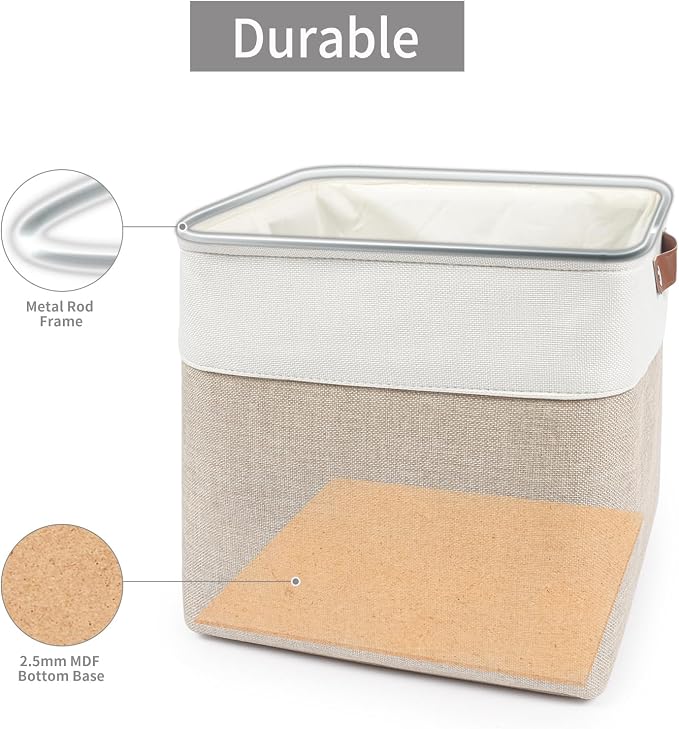 Bagnizer 13x13 Cube Storage Bins, Collapsible Fabric Storage Box, 4 Pack Closet Baskets with Handles for Organizing, Shelf, Toys, Clothes, Home, Office, Nursery (Beige&White) - Image 4