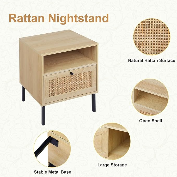 Angel Sar Rattan Nightstands Set of 2, Boho Night Stand with 1 Door, Accent End Table, Wood Bediside Table with Metal Legs&Open Shelf, Natural Wood