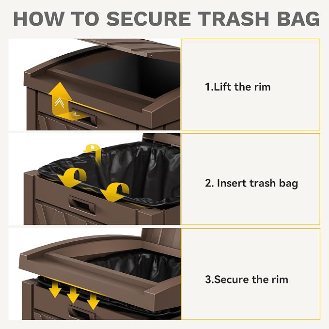 DWVO 36-Gallon Outdoor Trash Can with Fabric Bag, Tiered Lid & Drip Tray, Waterproof Resin Garbage Bin for Patio, Deck, and Backyard, Dark Brown - Image 5