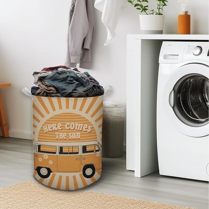 Here Comes the Sun Laundry Basket, 70s Retro Boho Sunshine Waterproof Collapsible Laundry Hamper Dirty Clothes Storage Toy Bin Organizer for Bathroom Bedroom Nursery Kids Room - Image 2