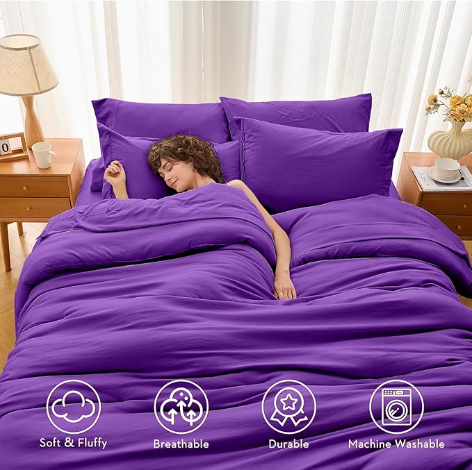 MUXHOMO 7 Pieces Full Comforter Set, Soft Bed in a Bag Full Size, All Season Bedding Set with Comforter, Flat Sheet, Fitted Sheet, Pillowcases & Shams, Purple